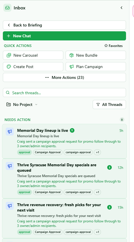 Real Thrive Syracuse inbox showing campaign approvals and needs-action cards