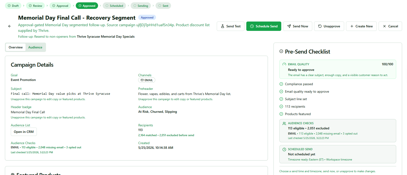 Thrive Syracuse Memorial Day campaign approval view with pre-send checklist